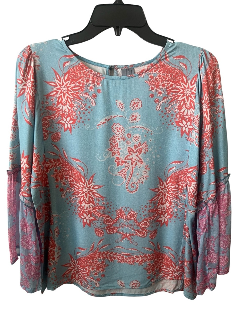 Blank London Mixed Print Bell Sleeve Blouse Aqua Coral Floral Paisley Medium